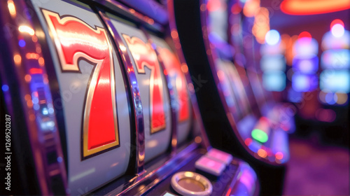 Brightly lit slot machines display vibrant colors at a bustling casino during a lively evening