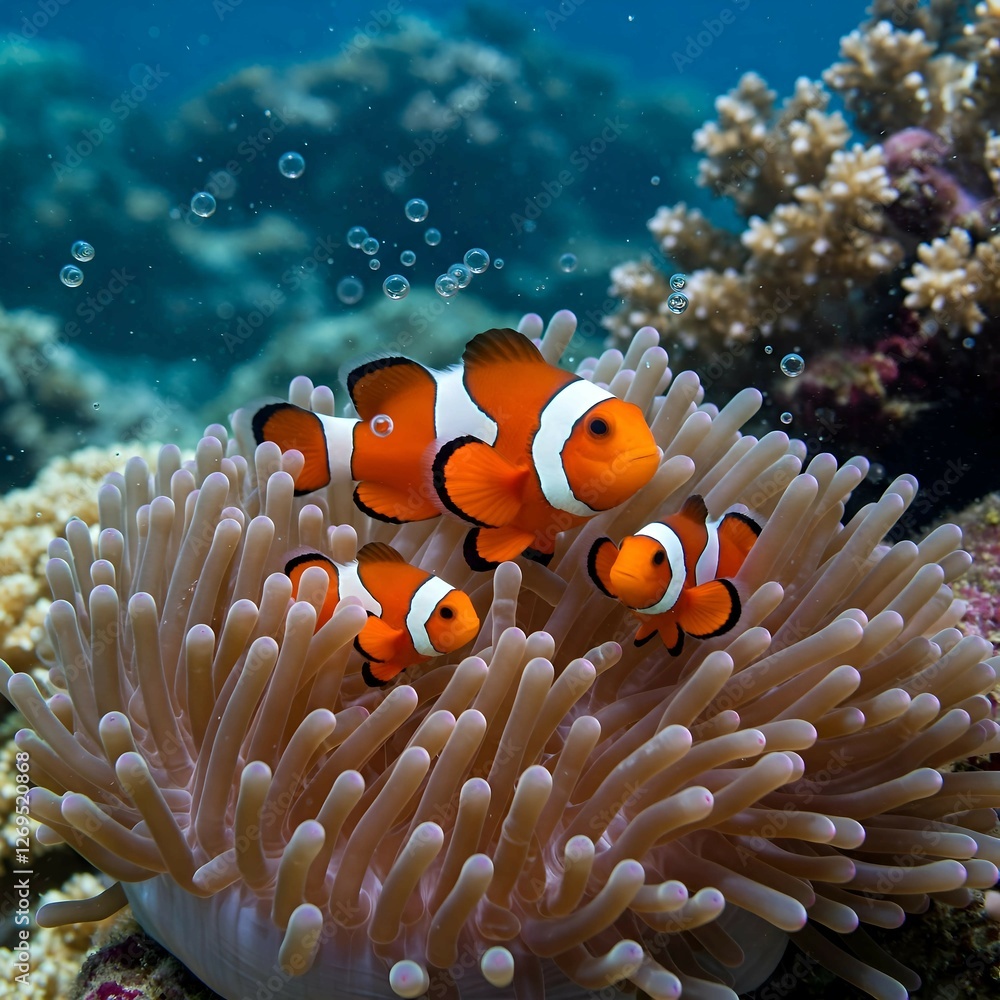 Clownfish Family in Vibrant Anemone Surrounded by Sparkling Bubbles under water orange fish 4k hd high quality wallpaper background Clownfish Family in Vibrant Anemone Surrounded by Sparkling Bubbles under water orange fish 4k hd high quality wallpaper background