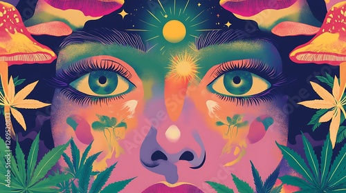Psychedelic Woman Face Surrounded by Mushrooms and Plants in Colorful Dreamy Style