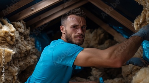 Man installs insulation in attic for home energy efficiency improvements.