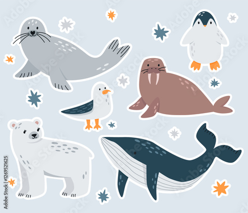 Set stickers of cute arctic animals. Wild polar animals in cartoon style. Vector illustration.