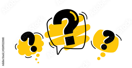 The concept of frequently asked questions.  A flat vector illustration with question marks.