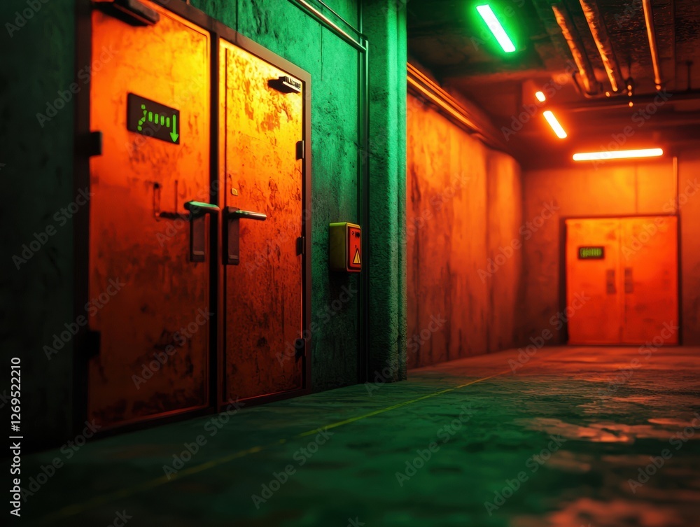 Obraz premium Realistic Industrial Corridor with Vibrant Light and Textures
