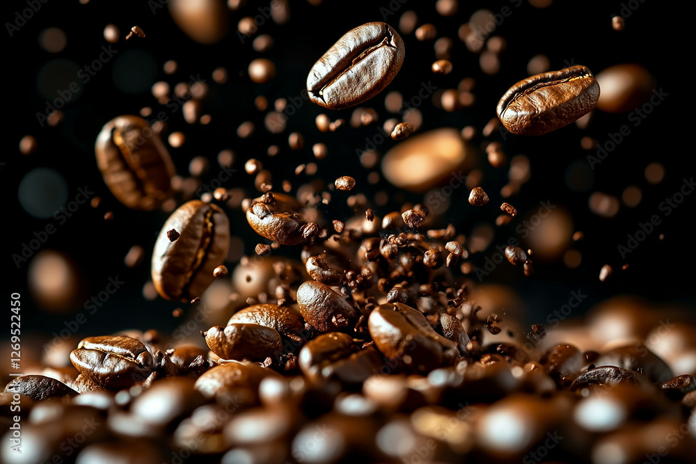 Roasted coffee beans. Arabica seeds falling and flying on dark background, aromatic caffeine ingredients for coffee drink, gourmet cafe concept Roasted coffee beans. Arabica seeds falling and flying on dark background, aromatic caffeine ingredients for coffee drink, gourmet cafe concept