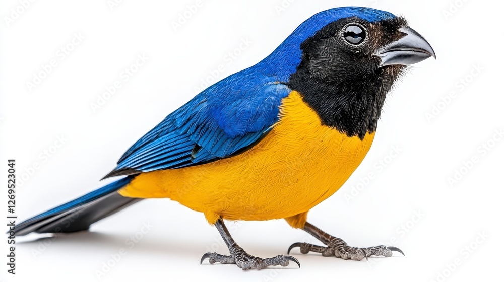 Fototapeta premium Close up studio shot of a colorful blue and yellow bird perched against a clean white background. The bird's vivid plumage and detailed feathers