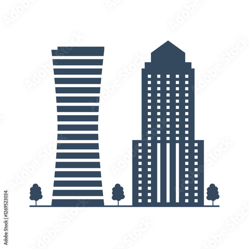 skyscrapers silhouettes, city tall buildings, residential and office houses exterior, luxury apartment block, downtown district commercial real estate