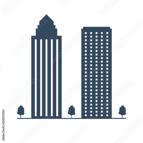 skyscrapers silhouettes, city tall buildings, residential and office houses exterior, luxury apartment block, downtown district commercial real estate
