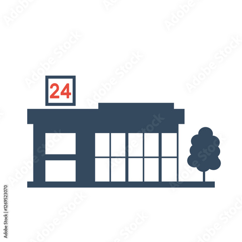 24 hours store building, night cafe silhouette, mini market vector icon, laundry pictogram
