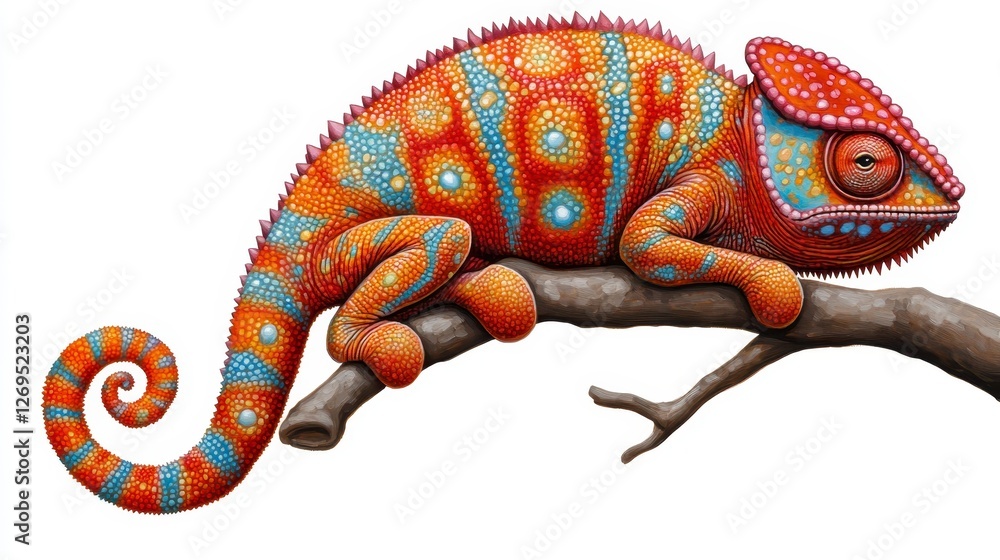 Vibrant orange and blue lizard perched on a dark brown branch against a plain background. Detailed, colorful reptile with intricate patterns. Vibrant orange and blue lizard perched on a dark brown branch against a plain background. Detailed, colorful reptile with intricate patterns.