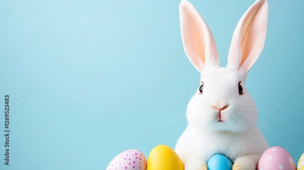 Obraz premium A charming, soft focus studio shot displays a white figurine of a rabbit surrounded by pastel colored eggs against a light blue backdrop, evoking a