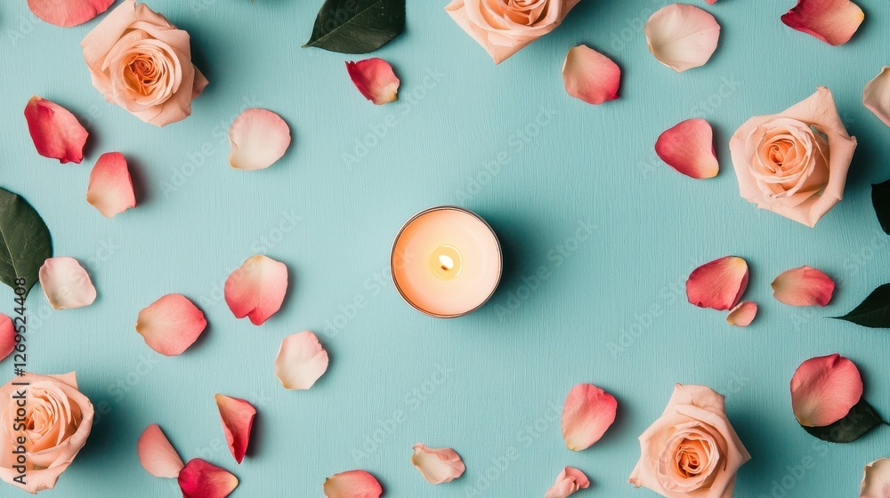 World Poetry Day concept. Delicate Rose Petals Artfully Arranged on Soft Teal Background World Poetry Day concept. Delicate Rose Petals Artfully Arranged on Soft Teal Background