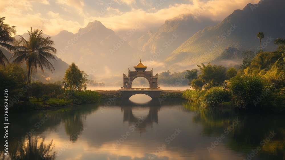 Fototapeta premium Sunrise over tranquil lake, arched bridge, misty mountains, lush foliage