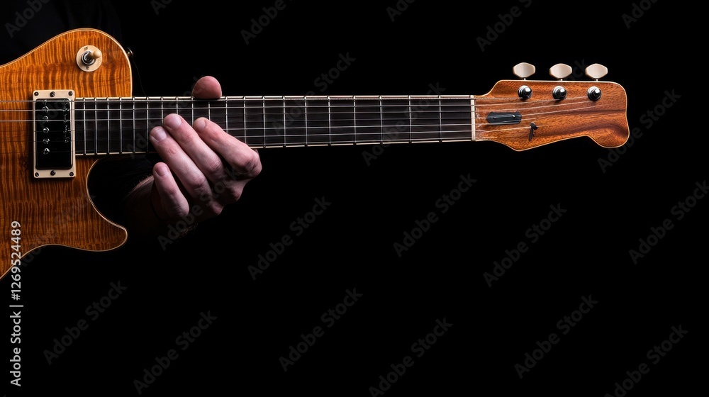 Obraz premium Close-up of a hand playing an electric guitar over a dark background.