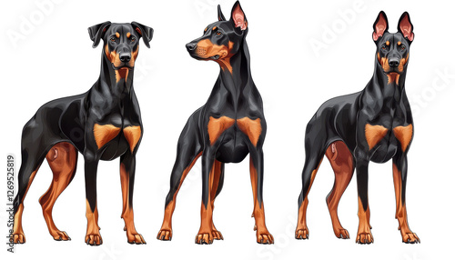 Three Doberman dogs standing on transparency background, showcasing their strength and elegance photo