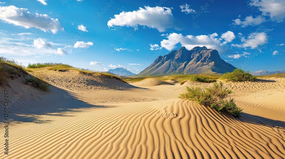 Sunny desert landscape with sand dunes, vegetation, and mountains under a blue sky. Sunny desert landscape with sand dunes, vegetation, and mountains under a blue sky.