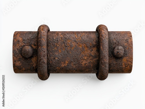 Close-up of a rusty industrial pipe fitting showcasing corrosion and wear. photo