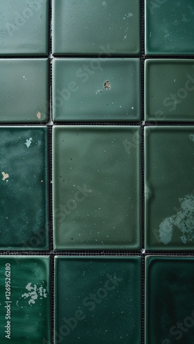 close-up of a tiled surface, featuring a grid layout of square tiles. Each tile is a deep, rich green color with subtle variations in shade, giving a slightly weathered and textured appearance