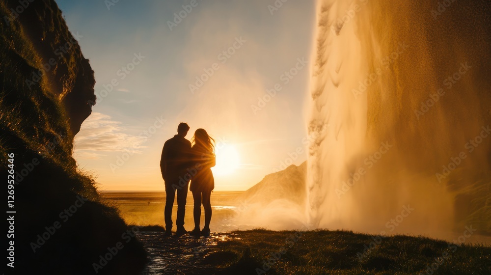 Fototapeta premium Couple silhouetted at sunset, majestic waterfall backdrop, Iceland travel
