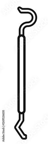 A black and white icon of a dental hoe scaler, a specialized instrument used in dentistry for removing plaque tartar and calculus from teeth surfaces.