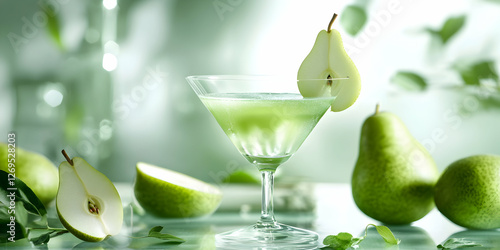 Refreshing pear cocktail in a martini glass, garnished with a pear slice, surrounded by fresh pears. Perfect for summer drinks and healthy lifestyle concepts.