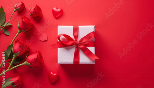 Gift box with red ribbon and roses on red background, Valentine's Day