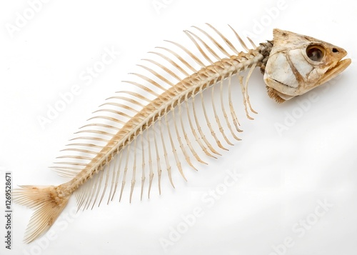 A full view of a fish skeleton, laid out flat against a plain white backdrop.