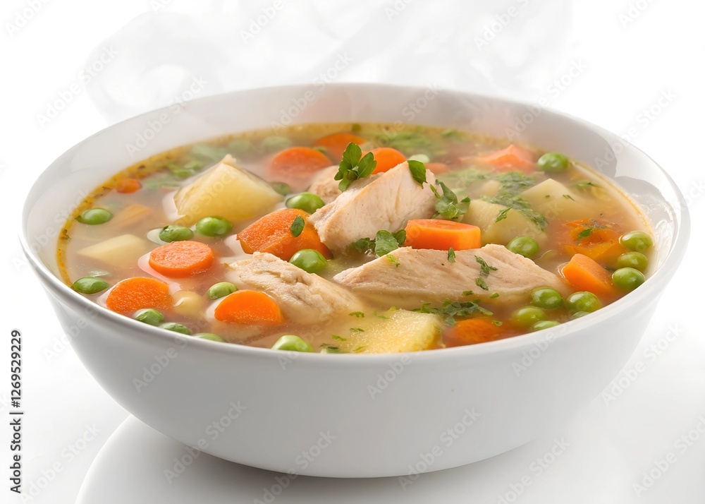 Delicious chicken vegetable soup in a white bowl. Delicious chicken vegetable soup in a white bowl.