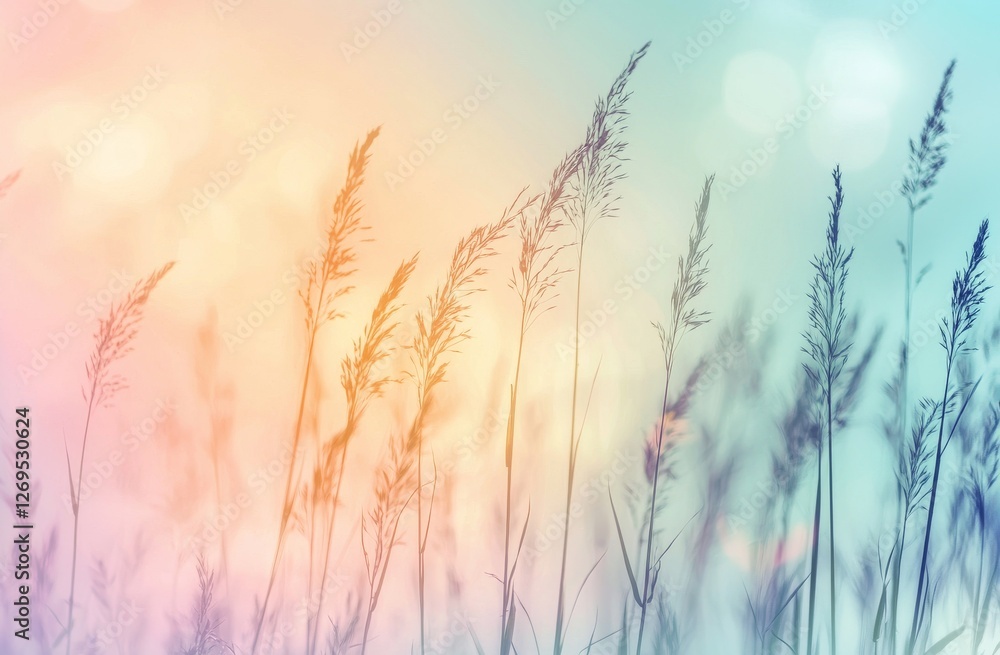 Soft Pastel Background with Delicate Grass Silhouettes in Gentle Sunrise or Sunset Light Soft Pastel Background with Delicate Grass Silhouettes in Gentle Sunrise or Sunset Light