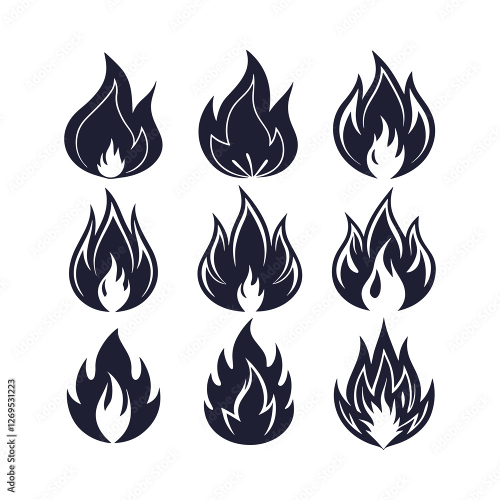 A collection of fire icons featuring flame and fire symbols. Includes conceptual fire flame designs, bonfire silhouette logos, and a set of flat-style flame illustrations. A collection of fire icons featuring flame and fire symbols. Includes conceptual fire flame designs, bonfire silhouette logos, and a set of flat-style flame illustrations.
