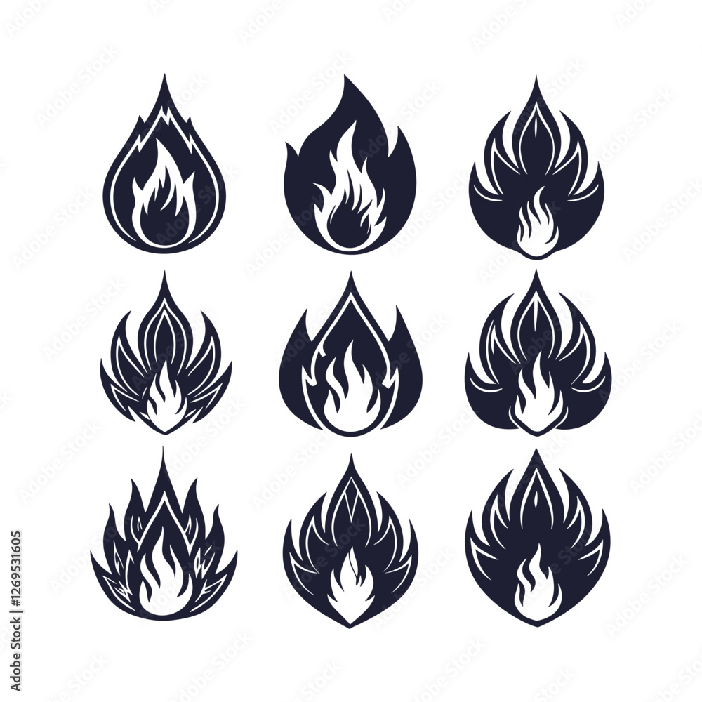 A collection of fire icons featuring flame and fire symbols. Includes conceptual fire flame designs, bonfire silhouette logos, and a set of flat-style flame illustrations. A collection of fire icons featuring flame and fire symbols. Includes conceptual fire flame designs, bonfire silhouette logos, and a set of flat-style flame illustrations.