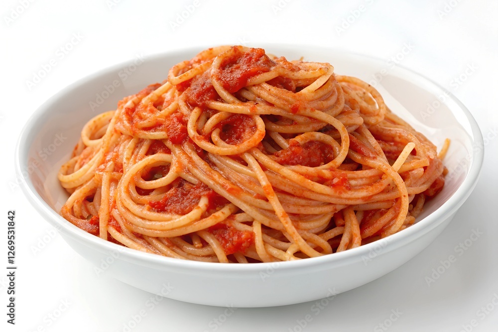 Deliciously Coated Spaghetti with Tomato Sauce in a White Bowl Deliciously Coated Spaghetti with Tomato Sauce in a White Bowl