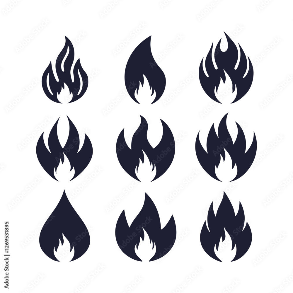 A collection of fire icons featuring flame and fire symbols. Includes conceptual fire flame designs, bonfire silhouette logos, and a set of flat-style flame illustrations. A collection of fire icons featuring flame and fire symbols. Includes conceptual fire flame designs, bonfire silhouette logos, and a set of flat-style flame illustrations.
