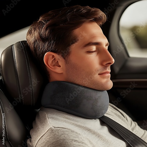 Tranquil Man Resting in Car using Neck Pillow after Long Trip during Day for Relaxation