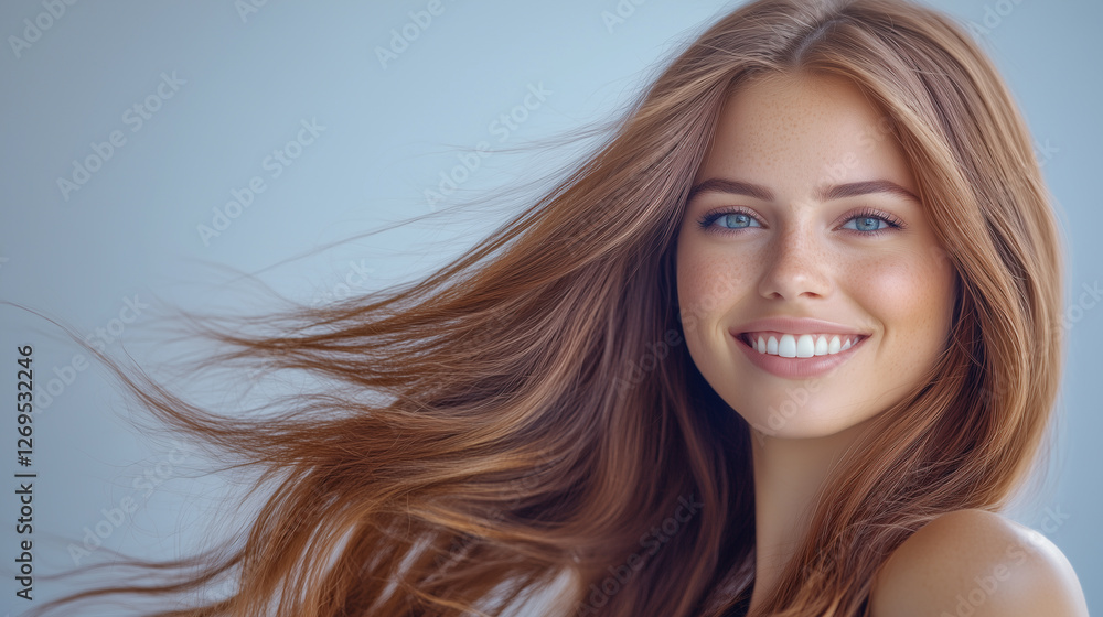 Fototapeta premium Happy Redhead Woman with Silky, Straight and Wavy Hair, Healthy Ends and Fluttering Strands, Natural Beauty Portrait, Elegant and Stylish Look, Light Background.