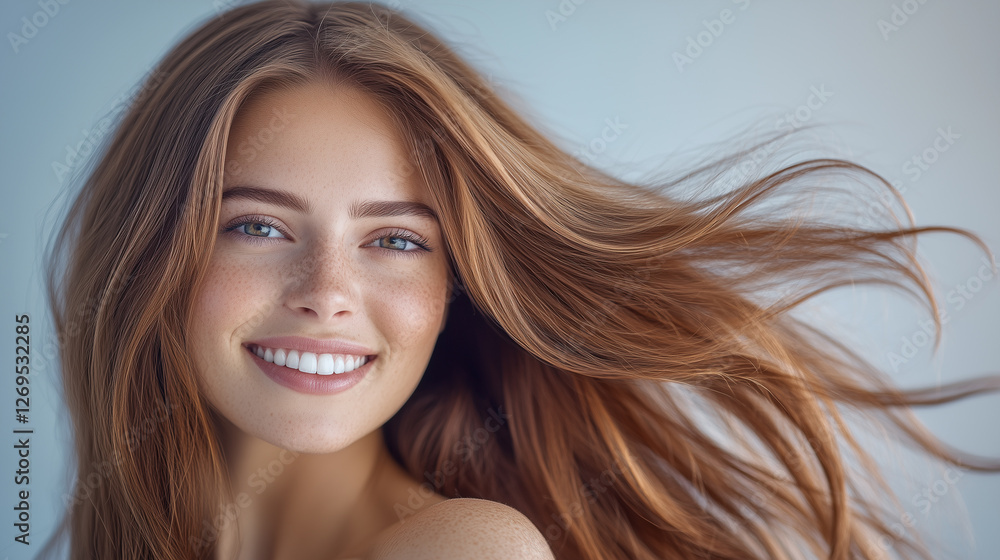 Fototapeta premium Happy Redhead Woman with Silky, Straight and Wavy Hair, Healthy Ends and Fluttering Strands, Natural Beauty Portrait, Elegant and Stylish Look, Light Background.