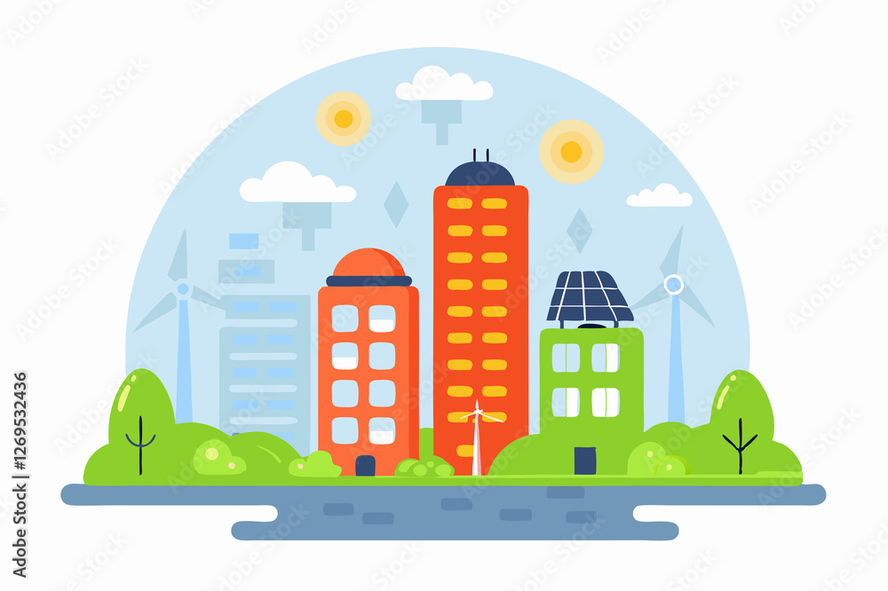 Modern sustainable city with renewable energy and green infrastructure Modern sustainable city with renewable energy and green infrastructure