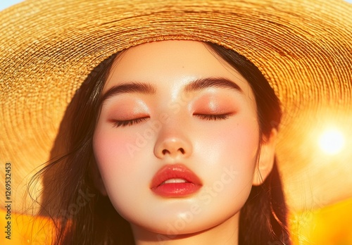 Beautiful Young Woman with Closed Eyes Wearing a Straw Hat Against a Bright Sunset Background