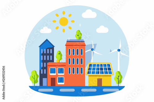 Sustainable residential area with solar panels and eco-friendly buildings