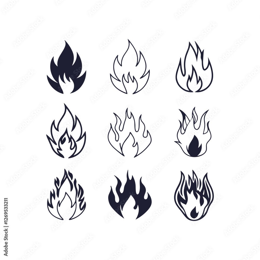 Collection of fire icons featuring various flame symbols. Conceptual fire designs, including bonfire silhouettes and flat-style flame symbols. A versatile set of fire-themed icons. Collection of fire icons featuring various flame symbols. Conceptual fire designs, including bonfire silhouettes and flat-style flame symbols. A versatile set of fire-themed icons.