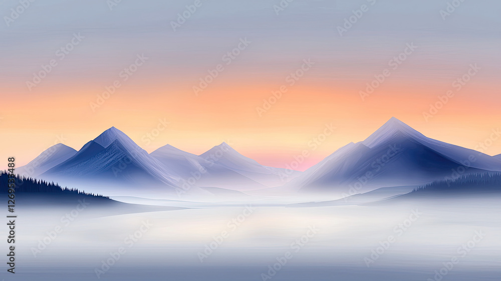 Serene mountain landscape with misty valleys and soft hues
