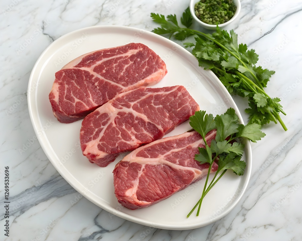 raw marbled beef steaks with fresh parsley garnish on marble countertop raw marbled beef steaks with fresh parsley garnish on marble countertop