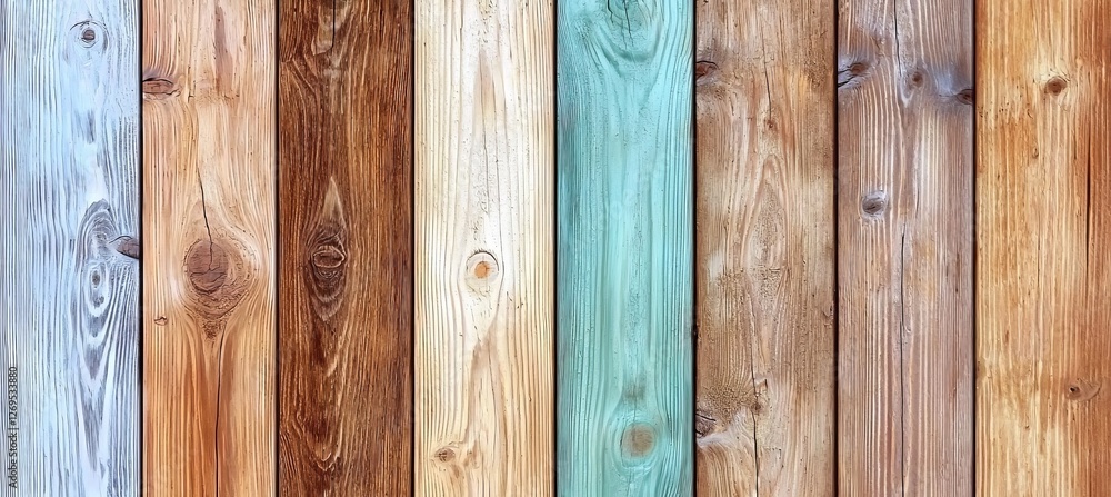 Fototapeta premium Colorful wooden planks background with varying textures, patterns, and shades for creative design projects and artistic applications