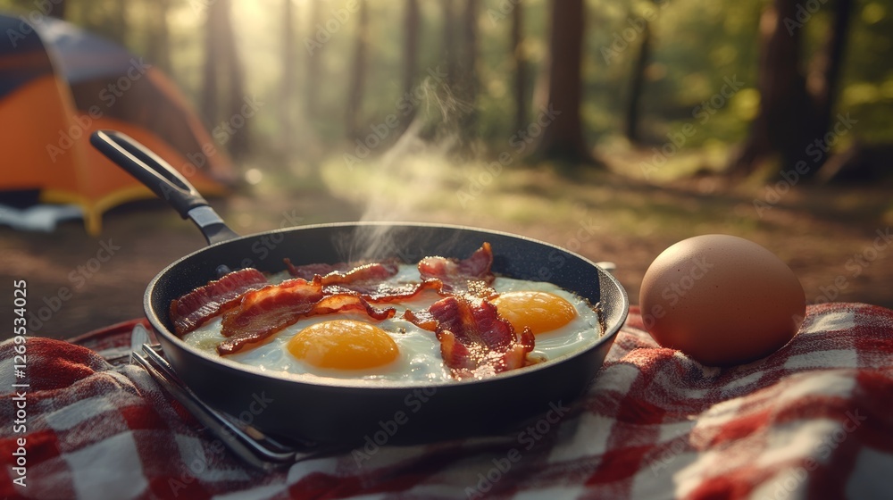 Savoring a hearty camping breakfast fried eggs and crispy bacon in a skillet amidst nature s beauty Savoring a hearty camping breakfast fried eggs and crispy bacon in a skillet amidst nature s beauty