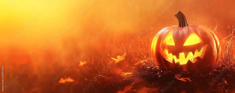 Naklejka premium Halloween pumpkin glowing in a spooky forest at sunset