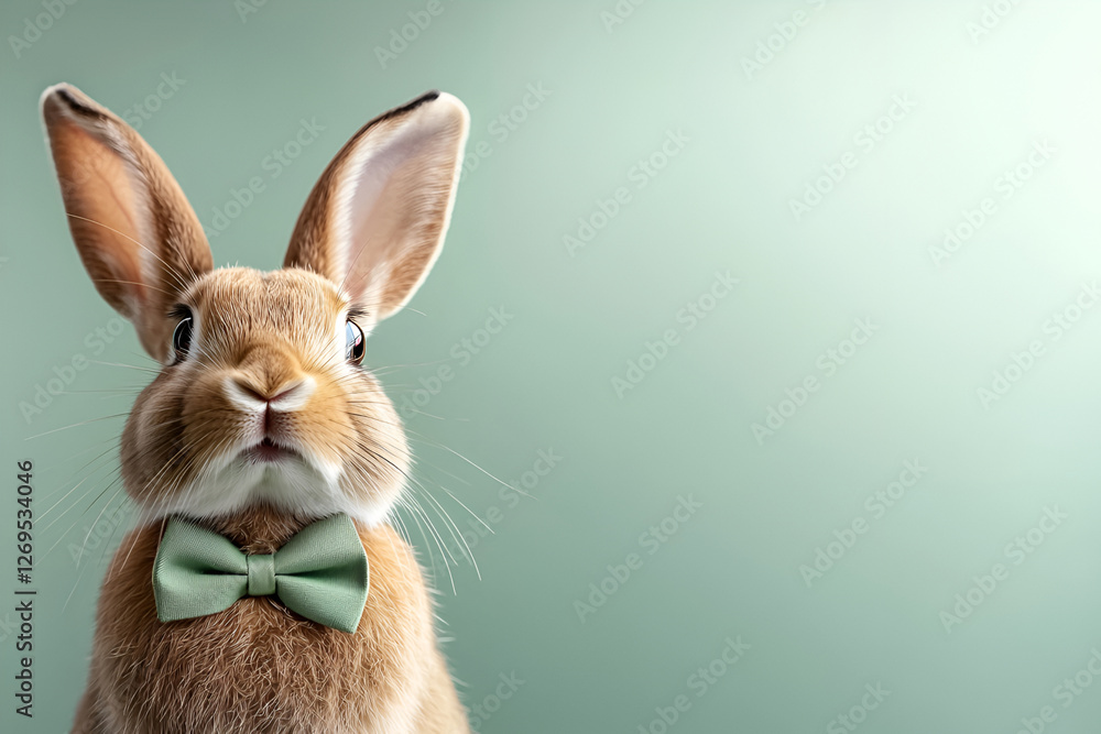 Obraz premium Charming rabbit wearing a green bowtie against pastel green background