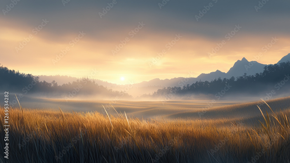 Golden grass field under soft sunrise with misty mountains Golden grass field under soft sunrise with misty mountains