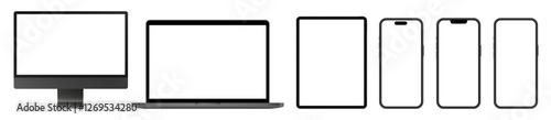 Mockup of black computer monitor, laptop, tablet screen and mobile phones. Social media promotion. Advertising on a smartphone display. Device front view. 3D smart pad with shadow. Cell phone