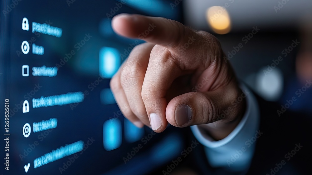 A close-up of a hand interacting with a touchscreen, showcasing digital icons and settings in a modern technological environment. A close-up of a hand interacting with a touchscreen, showcasing digital icons and settings in a modern technological environment.