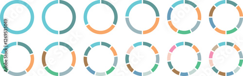 Pie chart.1,2,3,4,5,6,7,8,9,10,11,12 sections. 
Pie charts diagrams. Flat process cycle segment infographic sectors.