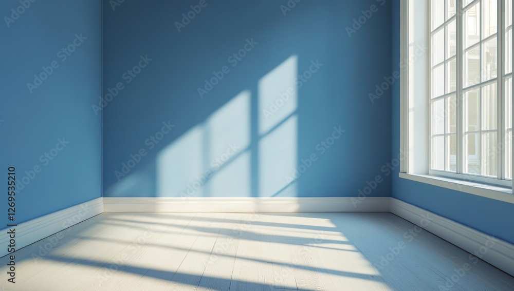 Obraz premium Empty sunlit blue room with large window